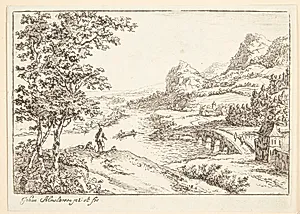 Flodlandskab med en bro, i forgrunden høje træer og to figurer by Jan van Almeloveen
