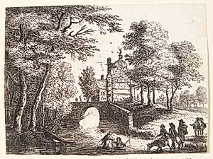 Flodlandskab med en bro og ryttere by Lucas van Uden