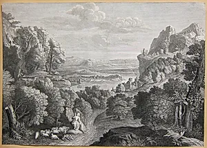 Flodlandskab med en hyrdinde, der spinder i forgrunden by Gérard Jean-Baptiste Scotin (I)