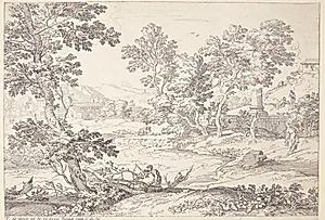 Flodlandskab med en kvinde, der vasker tøj by Franciscus de Neve