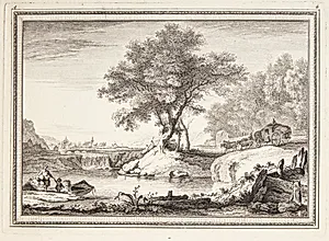 Flodlandskab med en kvinde og et barn by Jeanne Françoise Ozanne