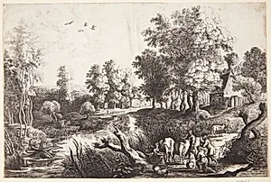 Flodlandskab med en malkepige, bønder og kvæg by Lucas van Uden
