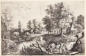Flodlandskab med en malkepige, bønder og kvæg by Lucas van Uden