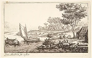 Flodlandskab med et anløbssted og tre både by Jan van Almeloveen