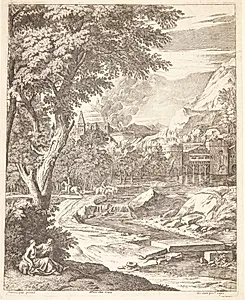 Flodlandskab med et par siddende under et træ, i baggrunden en rytter og en mand, der vander sine heste by Théodore