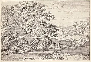 Flodlandskab med et træ med rødderne i vandet by Franciscus de Neve