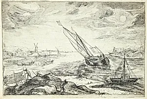 Flodlandskab med fiskerbåde by Gerrit Adriaensz Gauw