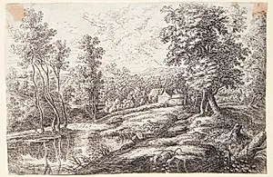 Flodlandskab med huse og en kirke omkranset af en mur by Lucas van Uden
