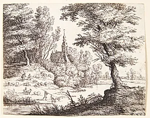 Flodlandskab med hyrder og deres dyr by Lucas van Uden