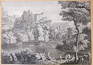 Flodlandskab med hyrder samt en robåd i baggrunden t.v. by Gérard Jean-Baptiste Scotin (I)