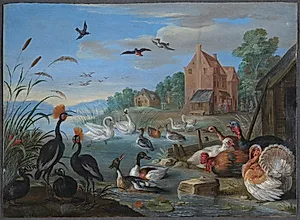Flodlandskab med kalkuner og høns by Jan van Kessel (I)
