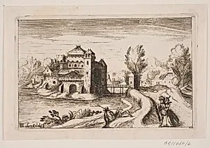 Flodlandskab med slot på en banke by H. Rosenkilde