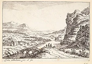 Flodlandskab med stenbro og vejfarende by Jan van Almeloveen