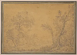 Flodlandskab med træbevoksede bredder by Willem van Bemmel