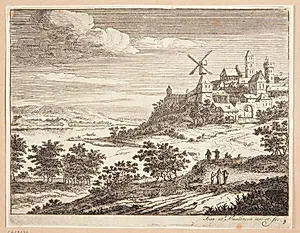 Flodlandskab med vejfarende, i baggrunden en by med en vindmølle by Jan van Almeloveen