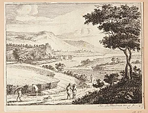 Flodlandskab med vejfarende og høstfolk by Jan van Almeloveen