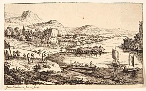 Flodlandskab med vejfarende, t.h. en pram og to joller for sejl by Jan van Almeloveen
