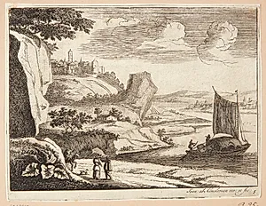 Flodlandskab med vejfarende, t.h. lastbåd for sejl by Jan van Almeloveen
