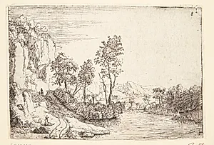 Flodlandskab, t.v. klipper og en siddende mand ved en vej by Jan van Aken