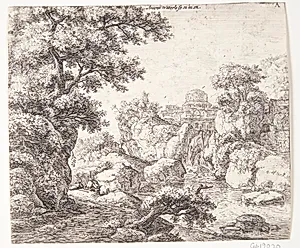 Flodleje, i baggrunden en by by Anthonie Waterloo