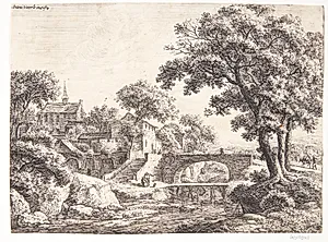 Flodleje med to broer by Anthonie Waterloo
