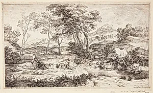 Fløjtespillende hyrde med får by Adriaen van der Kabel
