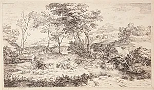 Fløjtespillende hyrde med får by Adriaen van der Kabel
