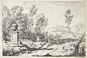 Fløjtespillende hyrde ved et monument by Albert Meyering