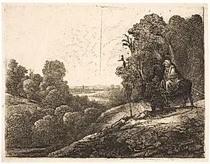 Flugten til Egypten. Pladen oprindelig af Hercules Segers med Tobias og englen by Rembrandt van Rijn