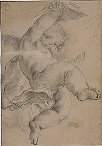Flyvende putto, der løfter et forhæng by Pietro da Cortona