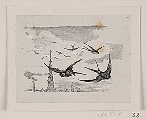 Flyvende svaler. I baggrunden Frelsers kirketårn by Waldemar Bøhme