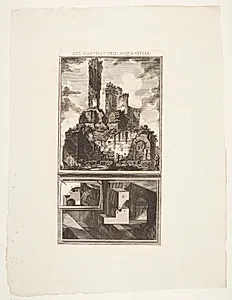 Fontænen Acqua Giulia, set fra siden, samt snit over dens indre by Giovanni Battista Piranesi