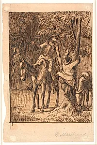 Før kampen med spejlridderen hjælper Don Quixote Sancho Pansa op i et træ by Wilhelm Marstrand