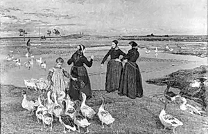 Før sol går ned. Dragør. Koner, en lille pige og gæs ved stranden by Viggo Johansen