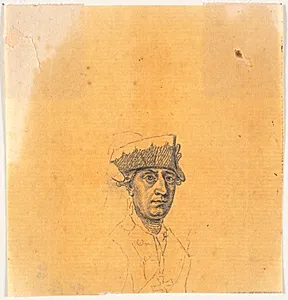 Forarbejde til et af hovederne til stikket: Frederik d. Store rider hjem efter en revy ved Potsdam by J.F. Clemens