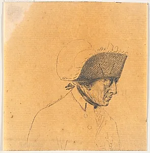 Forarbejde til et af hovederne til stikket: Frederik d. Store rider hjem efter en revy ved Potsdam by J.F. Clemens