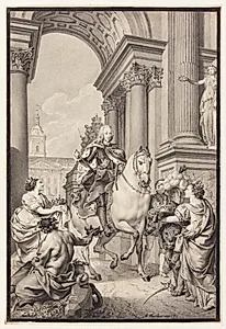 Forarbejde til maleriet: Danmark og Norge hylder Chr. VI (brændt med Christiansborg 1794)