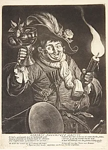 Fordrukken trommeslager med en fakkel by Cornelis Dusart