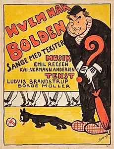 Forlæg til titelblad til "Hvem har Bolden". Karikeret portræt af Carl Alstrup