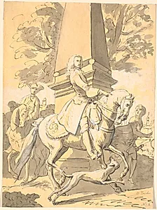 Fornem herre fulgt af tjenere rider forbi et monument by Marcus Tuscher