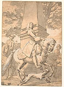 Fornem herre fulgt af tjenere rider forbi et monument by Marcus Tuscher