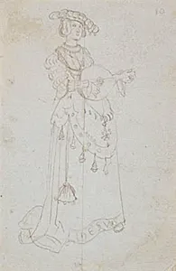 Fornemt klædt, lutspillende dame i trekvartprofil mod højre. F.n. på kjolens lining står "IhESVoS" by Hans Baldung Grien