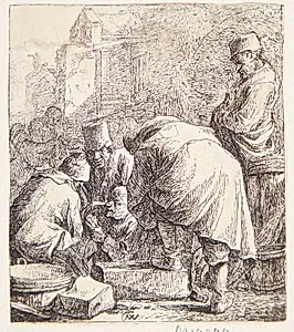 Foroverbøjet mand, der binder sine snørrebånd by Thomas Wijck
