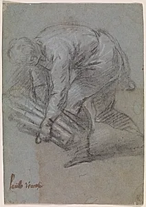 Foroverbøjet mand med et brændeknippe i armene, vendt mod venstre by Jacopo Palma (il Giovane)