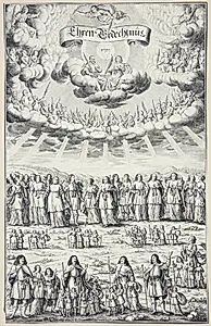 Forsamling af pilgrimme og i skyerne en mand og en kvinde med palmegrene, samt engle (Ehren gedechtnus) by Ubekendt