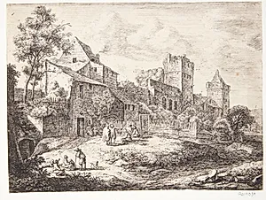 Forsamling ved en en landevejskro by Anthonie Waterloo