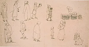 Forskellige figurer, bl.a. 2 grupper med legende børn samt "portrætmaler Hansen"