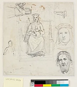 Forskellige firgurudkast og hoveder, bl.a. en dronning, siddende på en trone by Dankvart Dreyer
