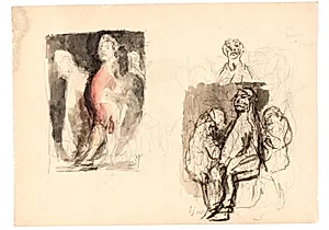Forskellige skitser, bl.a. farvelagt skitse til "Diogenes" by Oluf Hartmann