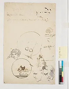 Forskellige udkast, bl.a. af flere hoveder og en høne med to [?] placeret i en cirkel by Nicolai Abildgaard
